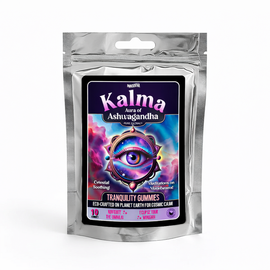 Innooova Ashwagandha Gummies vegan friendly pack of 10 shown upright in a silver resealable pouch with clear branding on a pure white background.