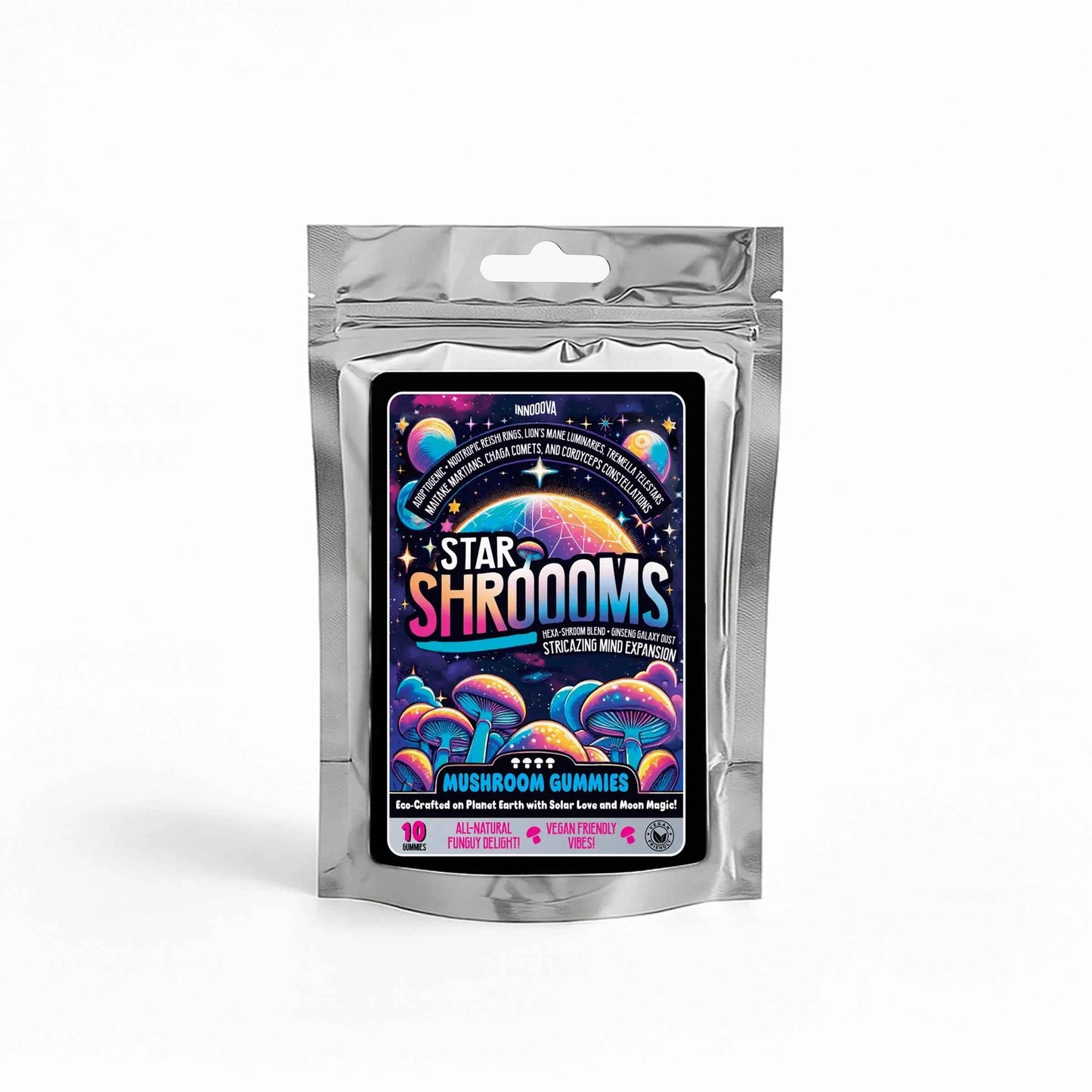 Innooova Starshrooms Mushroom Gummies 10‑pack shown upright in a silver resealable pouch with clear branding on a pure white background.
