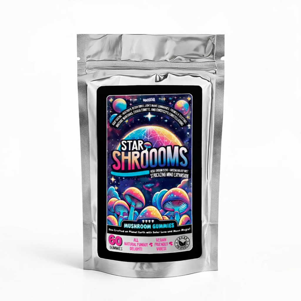Innooova Starshrooms Mushroom Gummies pack of 60 shown upright in a silver resealable pouch with clear branding on a pure white background.