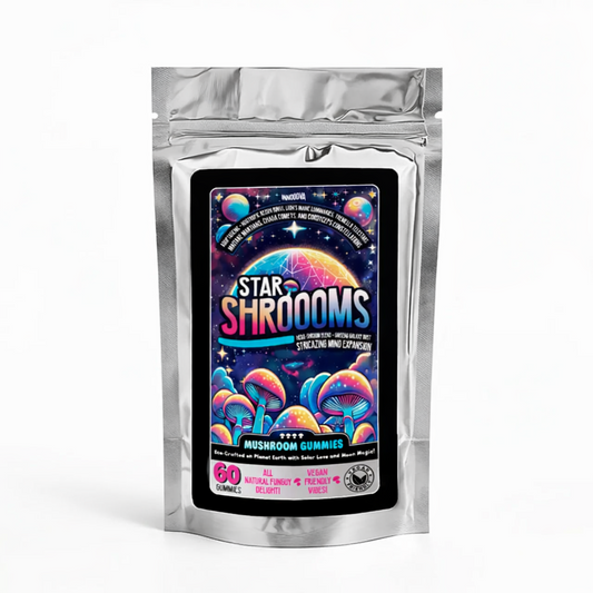 Innooova Starshrooms Mushroom Gummies pack of 60 shown upright in a silver resealable pouch with clear branding on a pure white background.