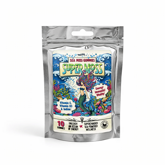 Innooova Super Moss Gummies pack of 10 shown upright in a silver resealable pouch with clear branding on a pure white background.