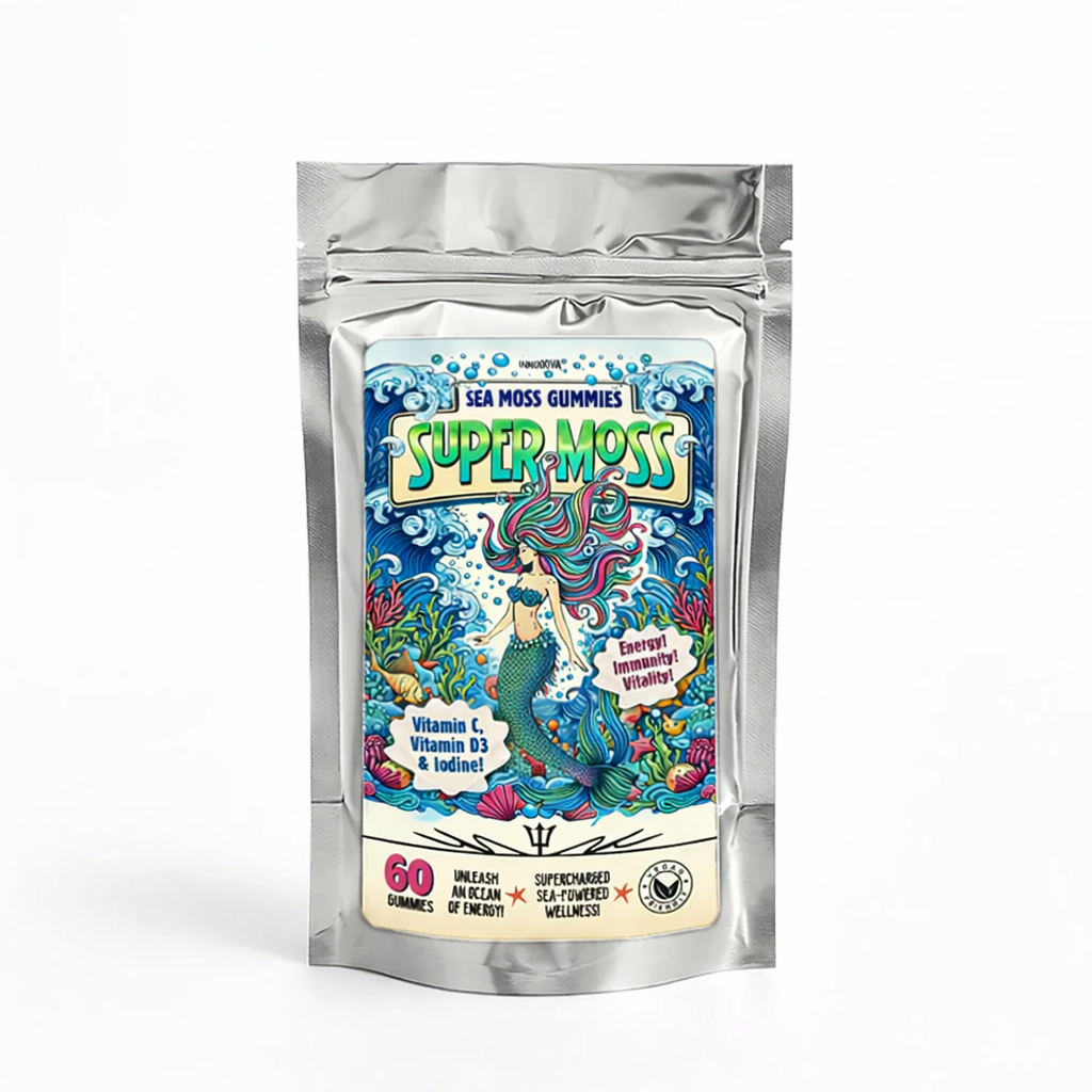 Innooova Super Moss Gummies pack of 60 shown upright in a silver resealable pouch with clear branding on a pure white background.