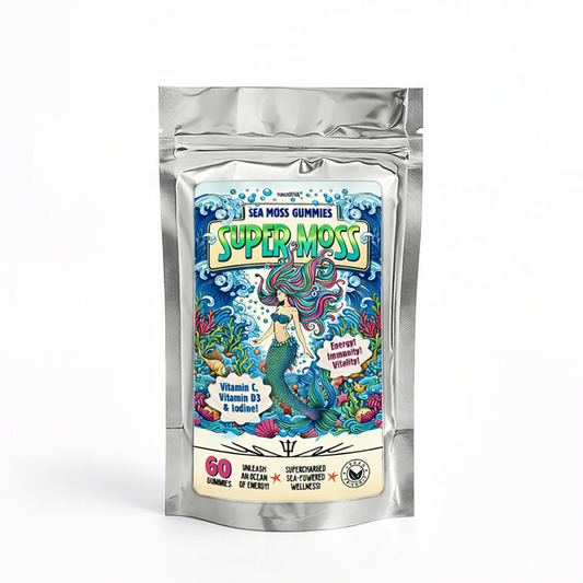 Innooova Super Moss Gummies pack of 60 shown upright in a silver resealable pouch with clear branding on a pure white background.