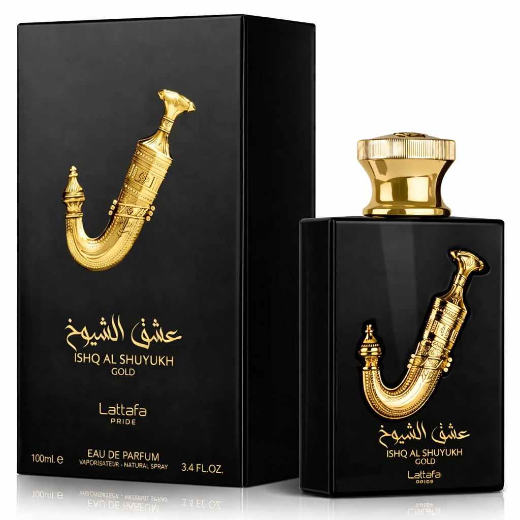 Ishq Al Shuyukh Gold by Lattafa Pride Eau De Parfum 100ml – black perfume bottle with gold Arabian dagger emblem and matching black‑and‑gold box, displayed on a pure white background with a glossy finish.