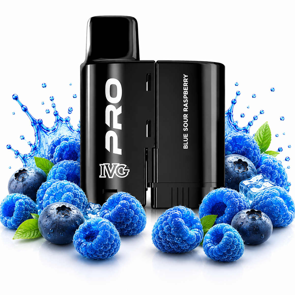 IVG Pro 10K replacement pods displayed on a pure white background with fruit elements arranged around the product.
