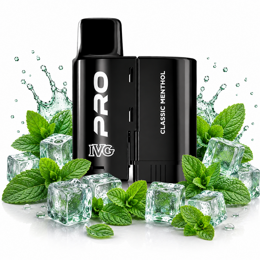 IVG Pro 10K replacement pods displayed on a pure white background with fruit elements arranged around the product.