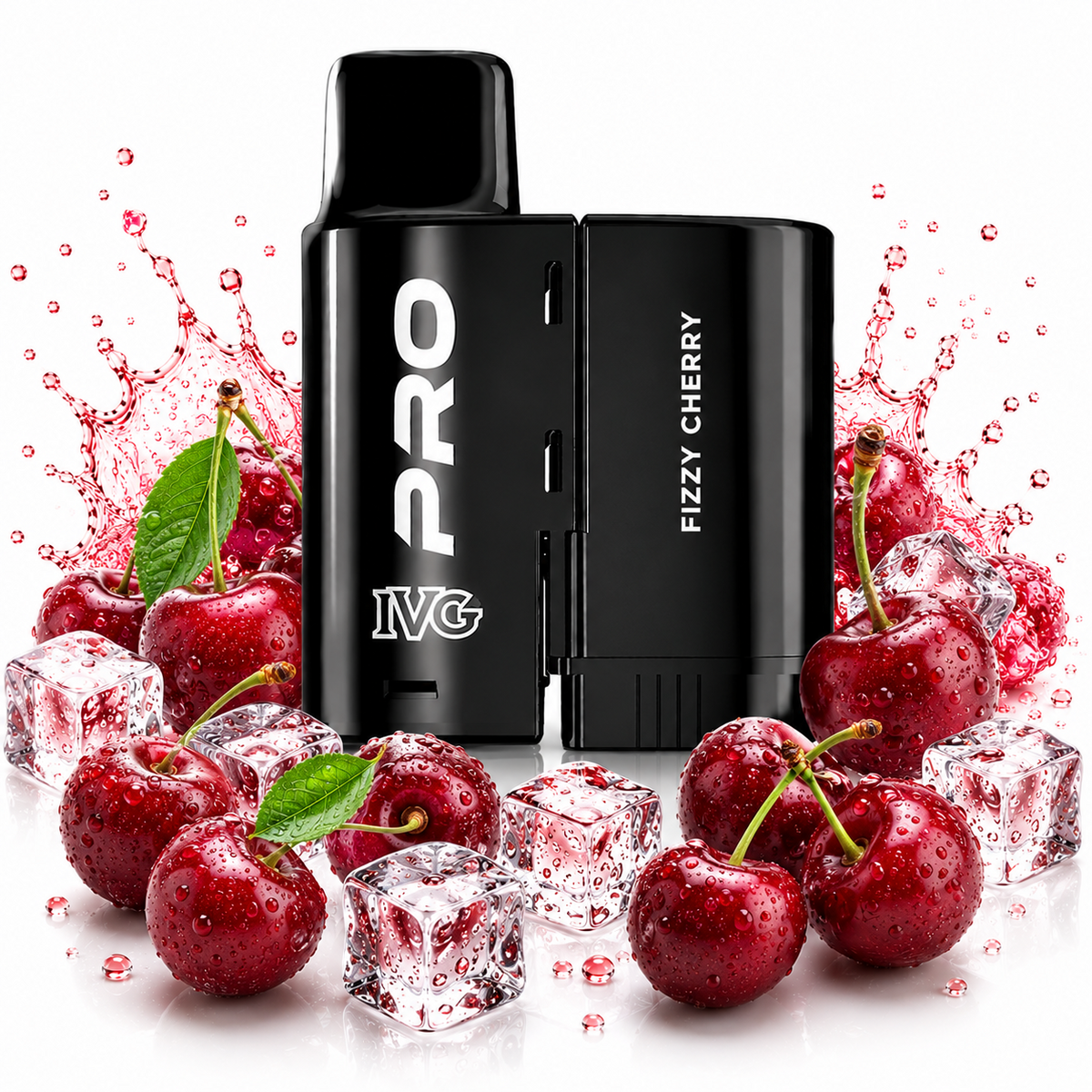 IVG Pro 10K replacement pods displayed on a pure white background with fruit elements arranged around the product.