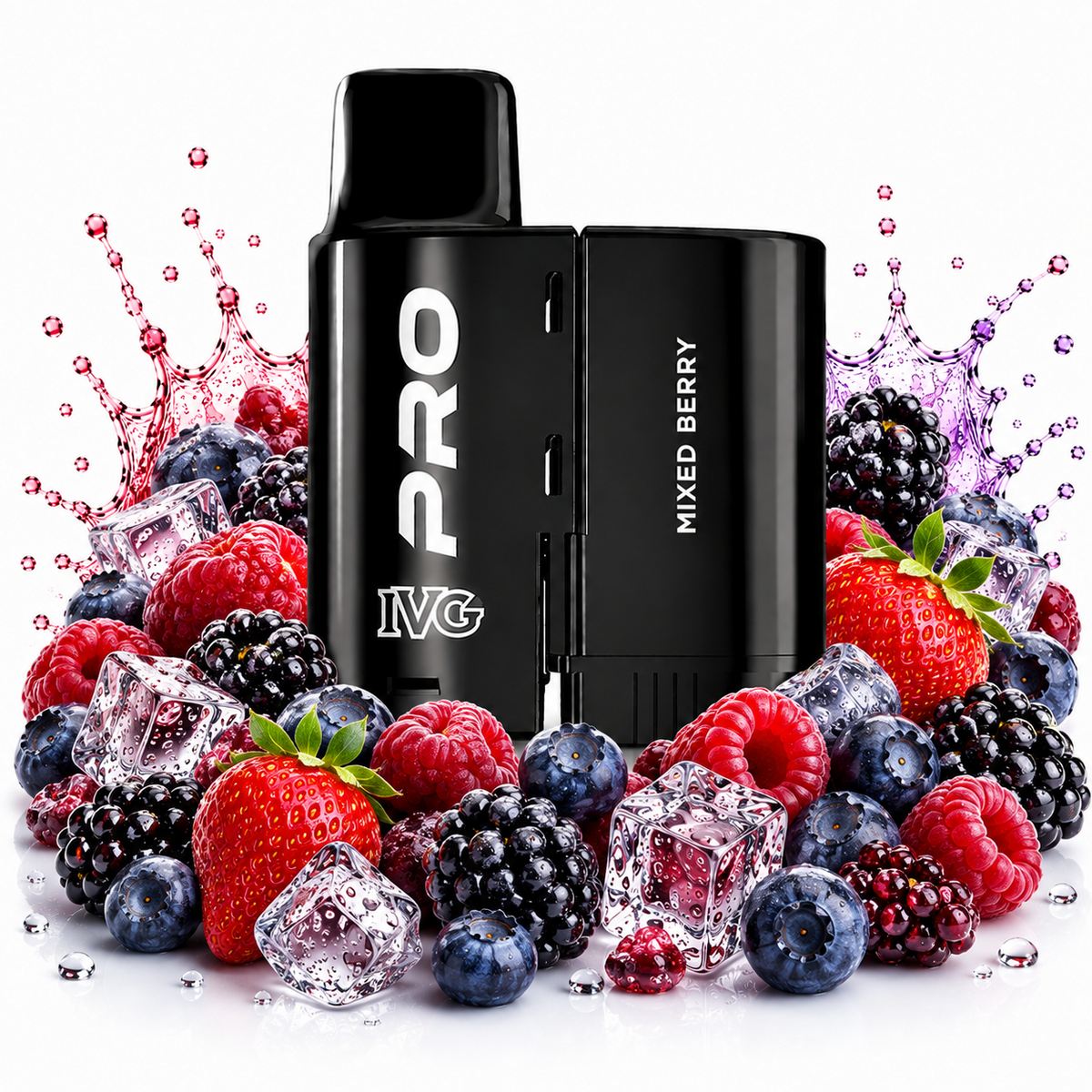 IVG Pro 10K replacement pods displayed on a pure white background with fruit elements arranged around the product.