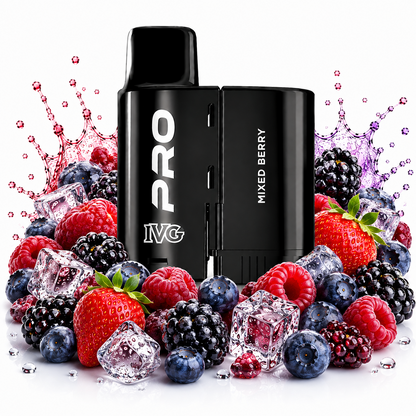 IVG Pro 10K replacement pods displayed on a pure white background with fruit elements arranged around the product.