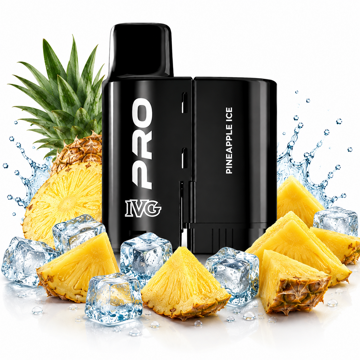 IVG Pro 10K replacement pods displayed on a pure white background with fruit elements arranged around the product.