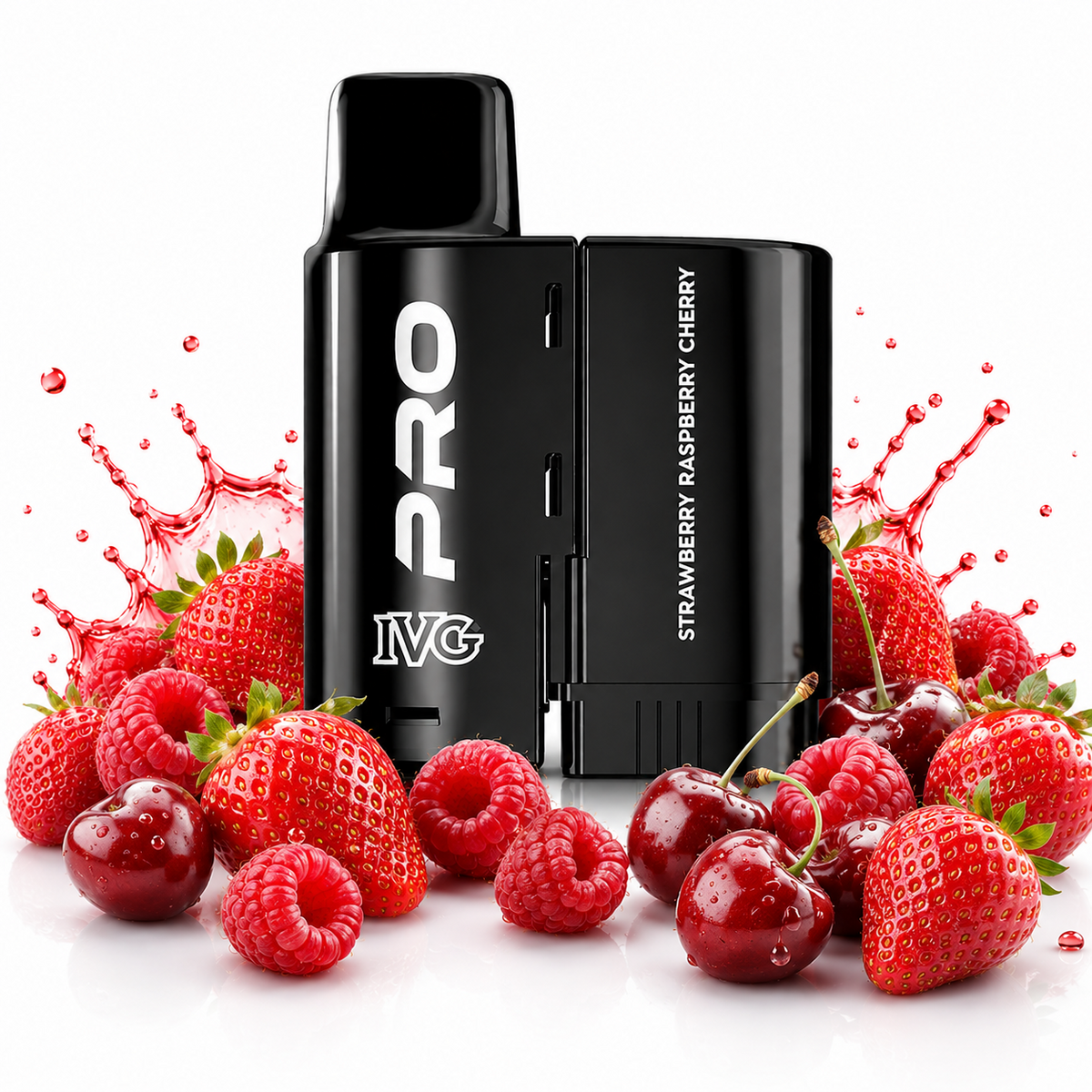 IVG Pro 10K replacement pods displayed on a pure white background with fruit elements arranged around the product.