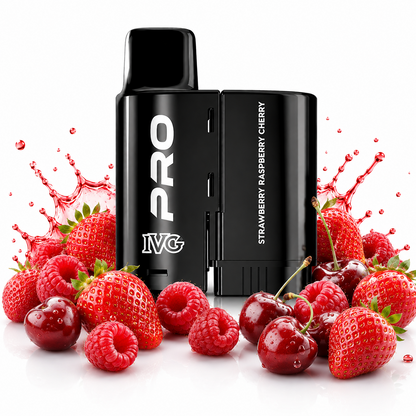 IVG Pro 10K replacement pods displayed on a pure white background with fruit elements arranged around the product.
