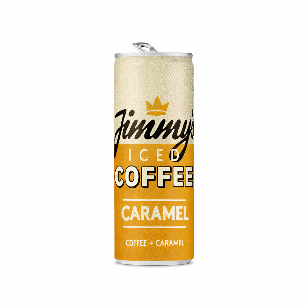 Jimmys Iced Coffee Caramel drink displayed upright with branded packaging on a pure white background.