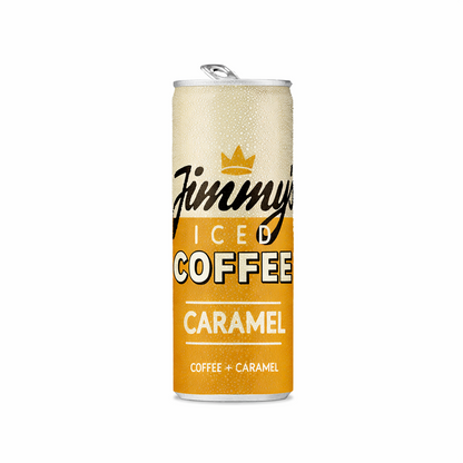 Jimmys Iced Coffee Caramel drink displayed upright with branded packaging on a pure white background.