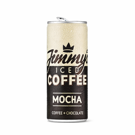 Jimmy’s Iced Coffee Mocha 330 ml can featuring a beige and dark brown design with white text and black crown logo, photographed on a pure white background.