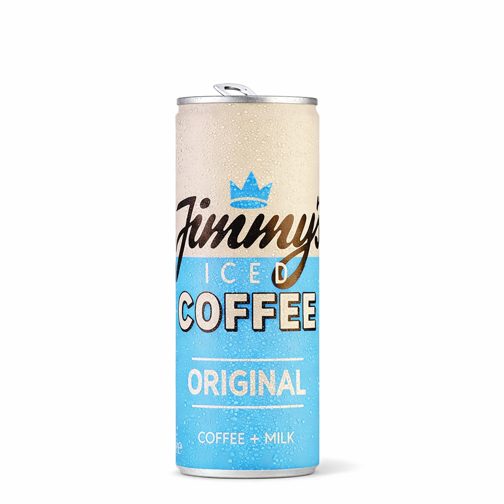 Jimmys Iced Coffee Original drink displayed upright with branded packaging on a pure white background.