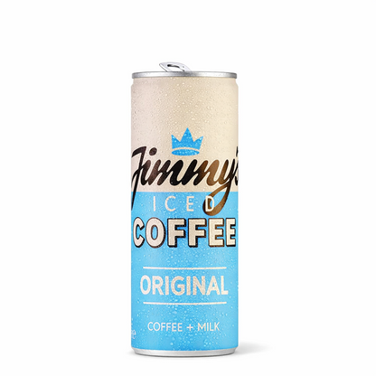 Jimmys Iced Coffee Original drink displayed upright with branded packaging on a pure white background.