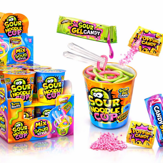 Johny Bee Sour Noodle Cup Gel Popping Candy 65g shown upright with colourful cup packaging and included gel and popping candy sachets on a pure white background.