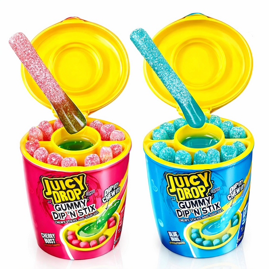 Juicy Drop Gummy Dipperz 65g cup shown upright with colourful branded packaging, open lid, and gummy pieces with dipping gel on a pure white background.