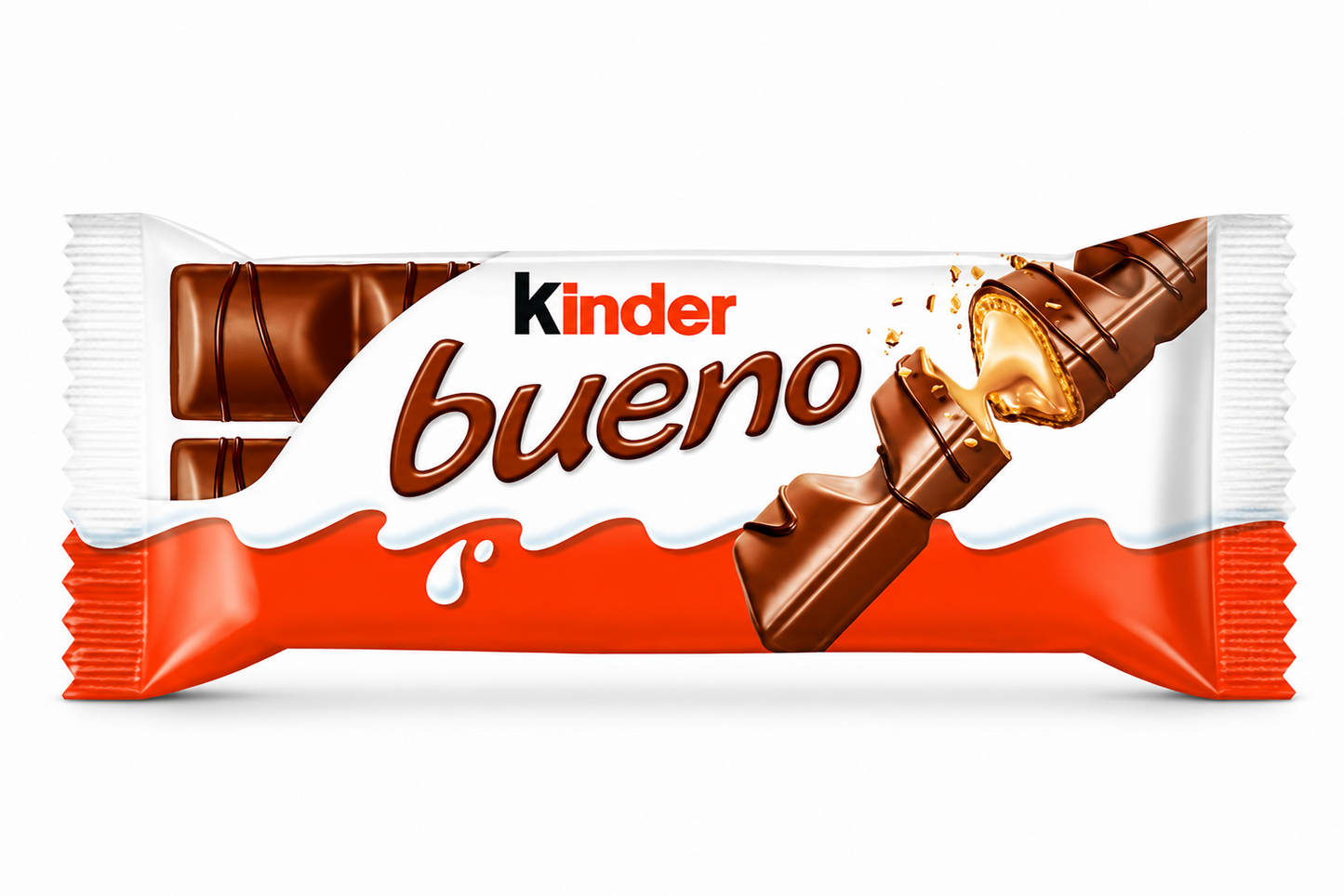 Kinder Bueno chocolate bar packaging on a pure white background.