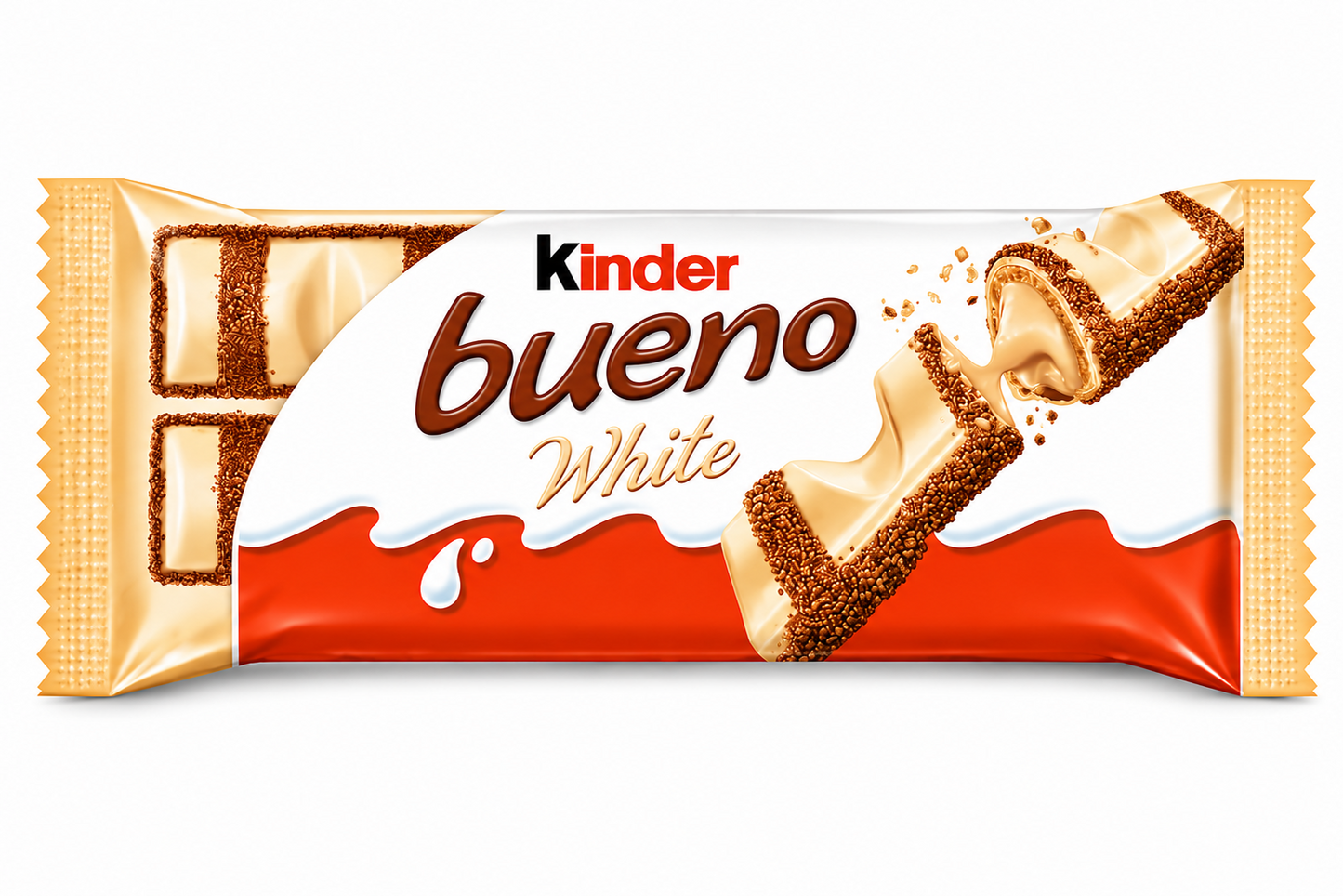 Kinder Bueno white chocolate bar packaging on a pure white background.