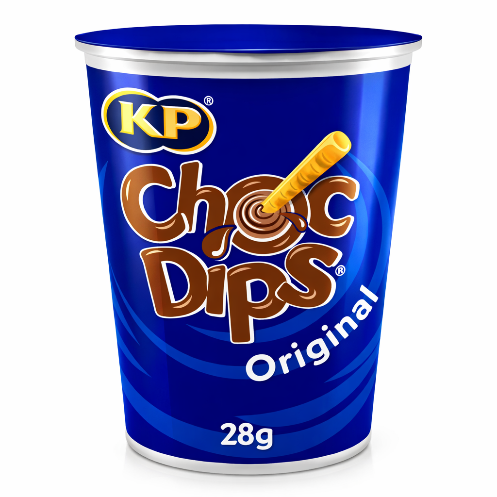 KP Choc Dips 28g snack pot shown upright with blue branded packaging and biscuit sticks with chocolate dip illustration on a pure white background.