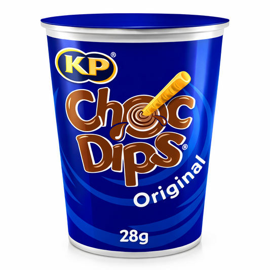 KP Choc Dips 28g snack pot shown upright with blue branded packaging and biscuit sticks with chocolate dip illustration on a pure white background.