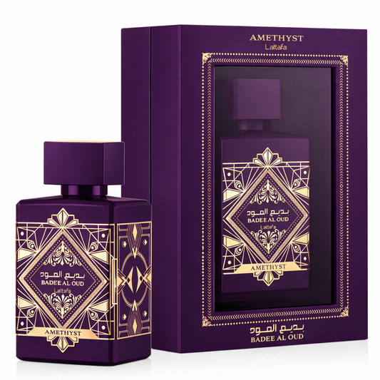 Lattafa Badee Al Oud Amethyst Eau De Parfum 100ml bottle and box shown in premium purple and gold branded packaging on a pure white background.