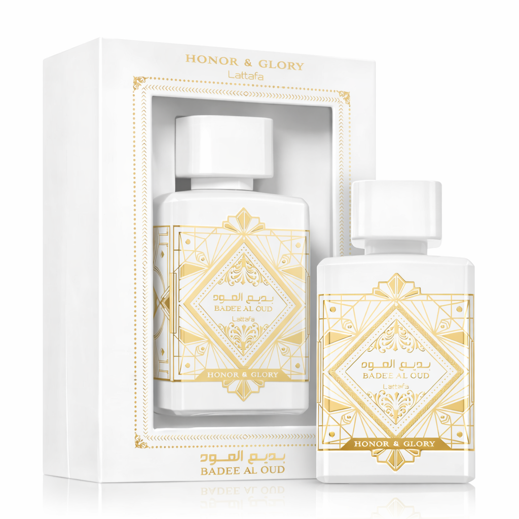 Lattafa Badee Al Oud Honour & Glory Eau De Parfum 100ml bottle and box shown in premium white and gold branded packaging on a pure white background.