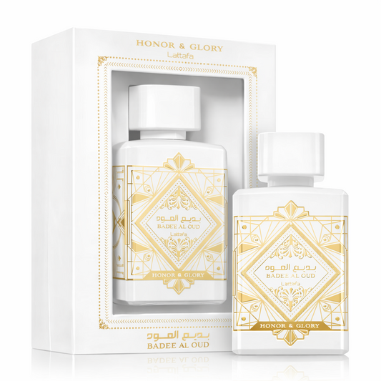 Lattafa Badee Al Oud Honour & Glory Eau De Parfum 100ml bottle and box shown in premium white and gold branded packaging on a pure white background.