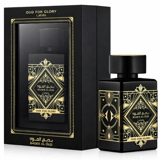 Lattafa Badee Al Oud Oud for Glory Eau De Parfum 100ml bottle and box shown in premium black‑and‑gold patterned packaging on a pure white background.