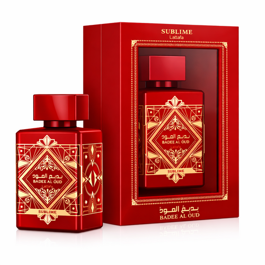 Lattafa Badee Al Oud Sublime Eau De Parfum 100ml bottle and box shown in premium red and gold branded packaging on a pure white background.