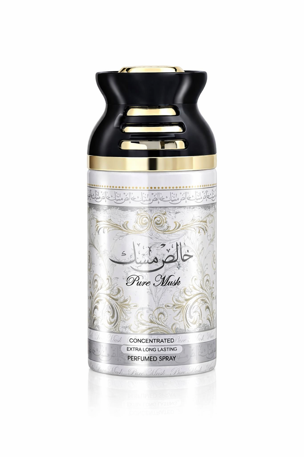Lattafa Pure Musk Perfumed Body Spray 250ml – white and silver cylindrical bottle with black and gold cap, featuring Arabic and English text, displayed upright on a pure white background with a glossy finish.
