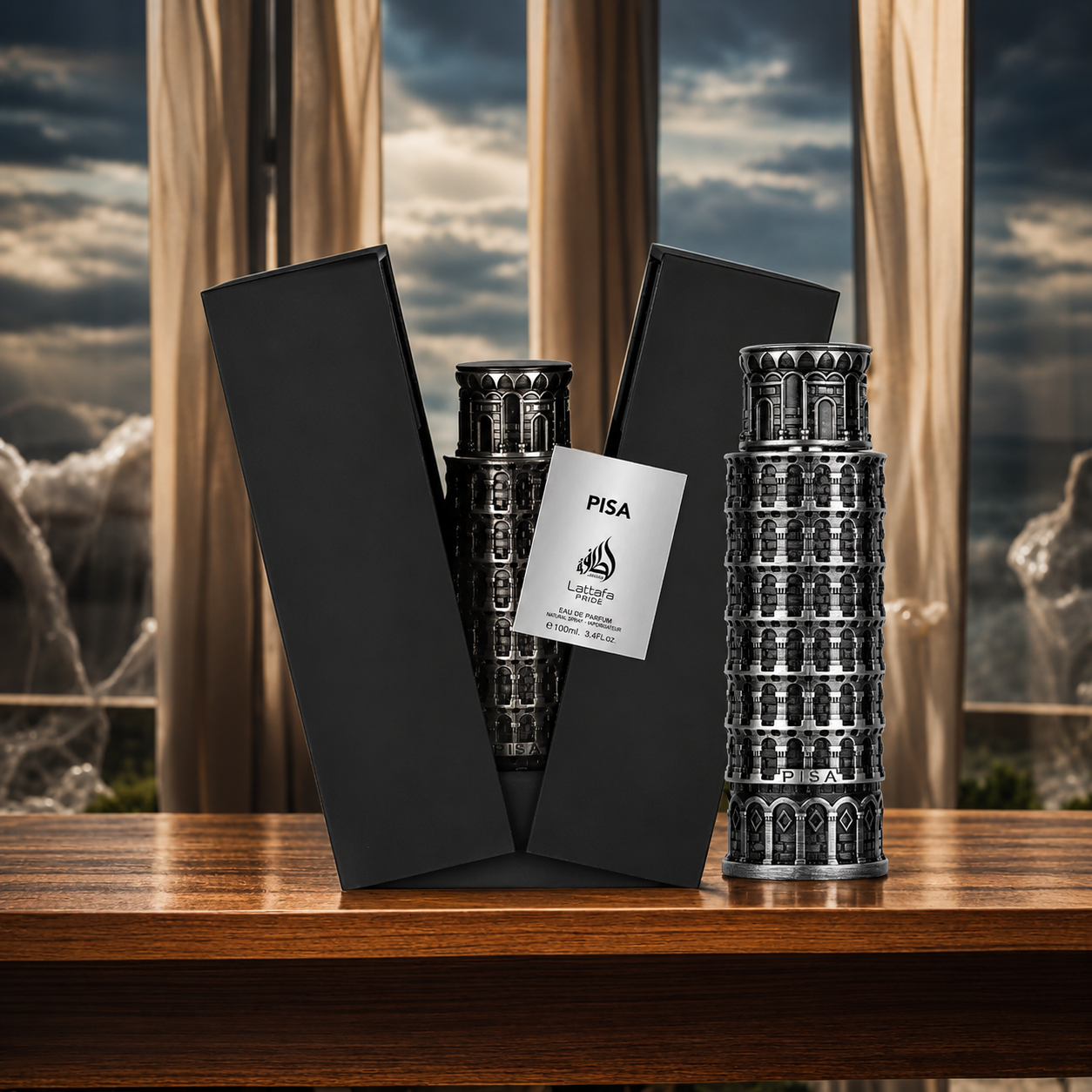 Pisa tower-shaped container with packaging on a wooden surface.