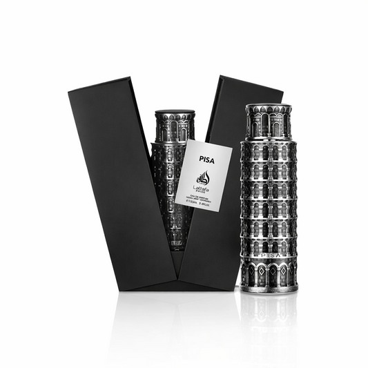 Pisa by Lattafa Pride Eau De Parfum 100ml bottle and box shown in premium branded packaging on a pure white background.