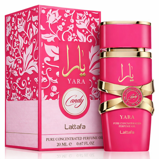 Lattafa Yara Candy Eau De Parfum 100ml bottle and box shown in pink‑themed branded packaging on a pure white background.