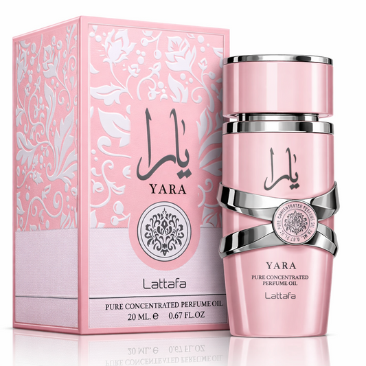 Lattafa Yara Eau De Parfum 100ml bottle and box shown in pink‑themed branded packaging on a pure white background.