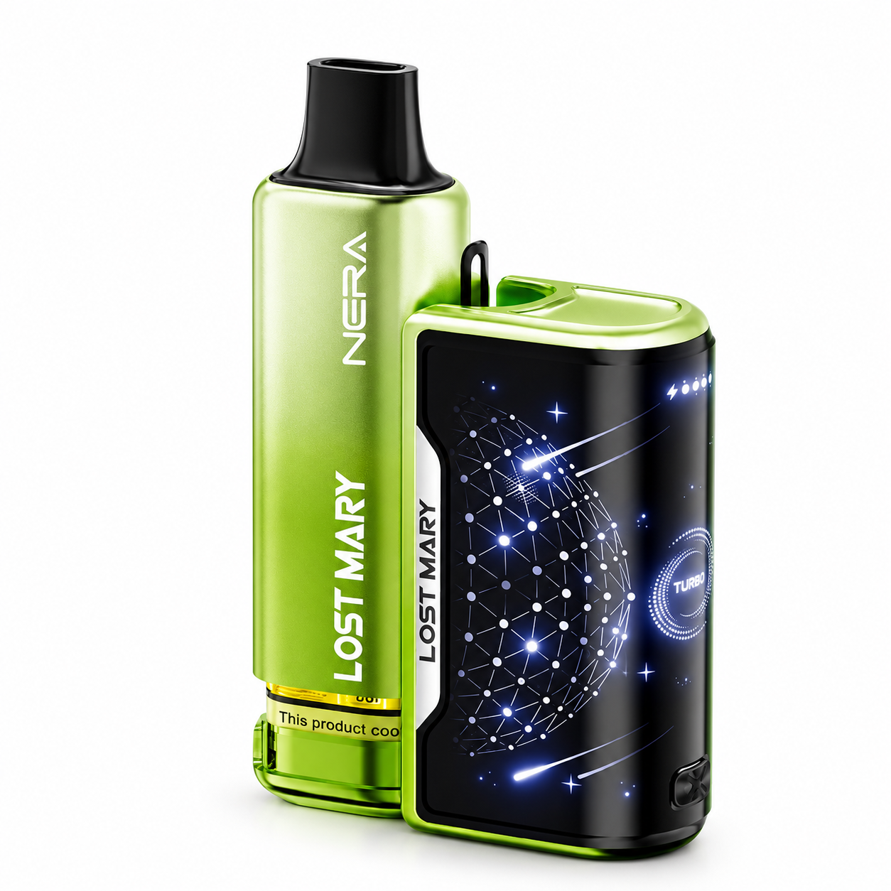 Lost Mary NERA 15K Fullview Kit rechargeable device in assorted flavours with matching display unit, shown on a pure white background with enhanced studio lighting, high-resolution product photography, and the box removed to highlight the device design.