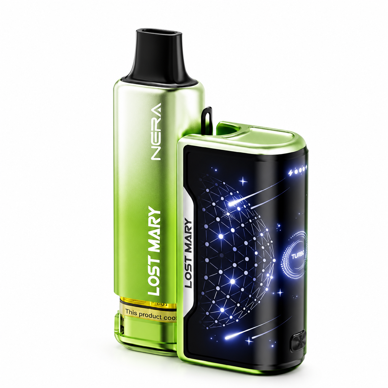 Lost Mary NERA 15K Fullview Kit rechargeable device in assorted flavours with matching display unit, shown on a pure white background with enhanced studio lighting, high-resolution product photography, and the box removed to highlight the device design.