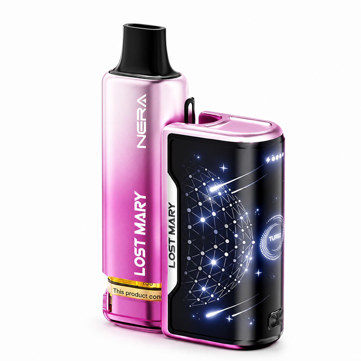 Lost Mary NERA 15K Fullview Kit rechargeable device in assorted flavours with matching display unit, shown on a pure white background with enhanced studio lighting, high-resolution product photography, and the box removed to highlight the device design.