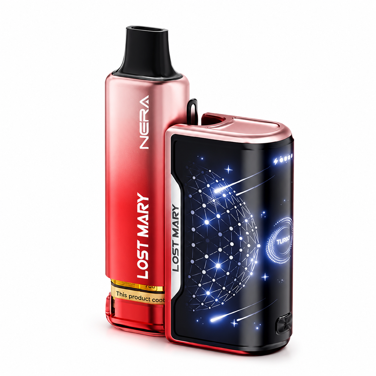 Lost Mary NERA 15K Fullview Kit rechargeable device in assorted flavours with matching display unit, shown on a pure white background with enhanced studio lighting, high-resolution product photography, and the box removed to highlight the device design.