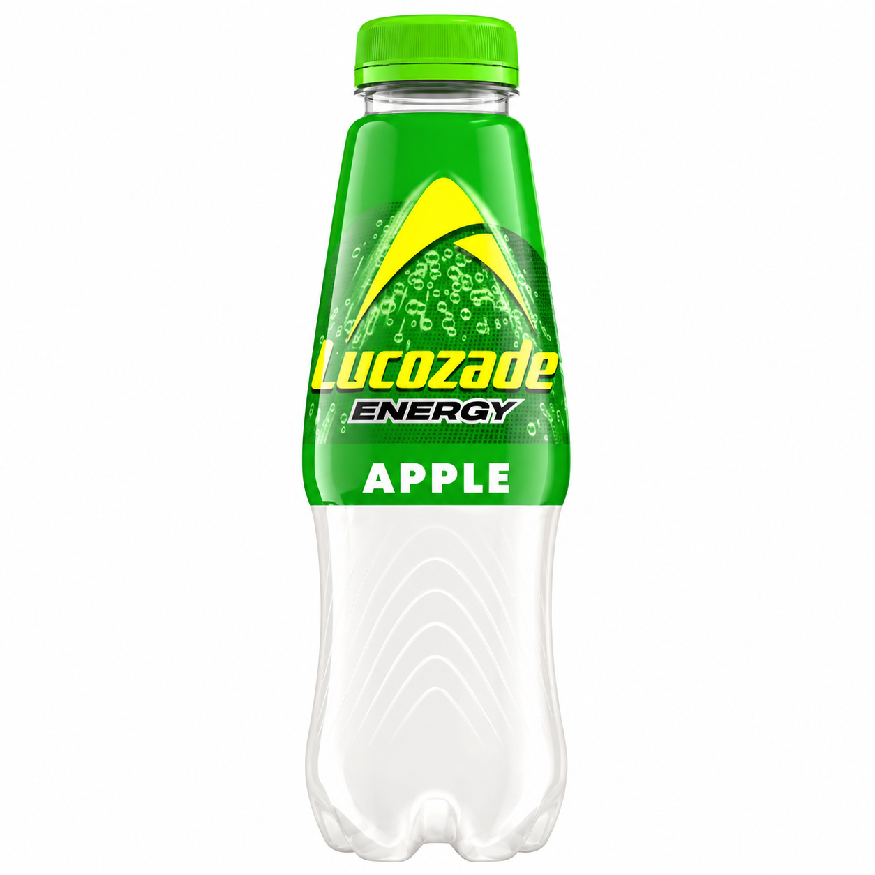 Lucozade Energy Apple bottle with green cap on a pure white background.