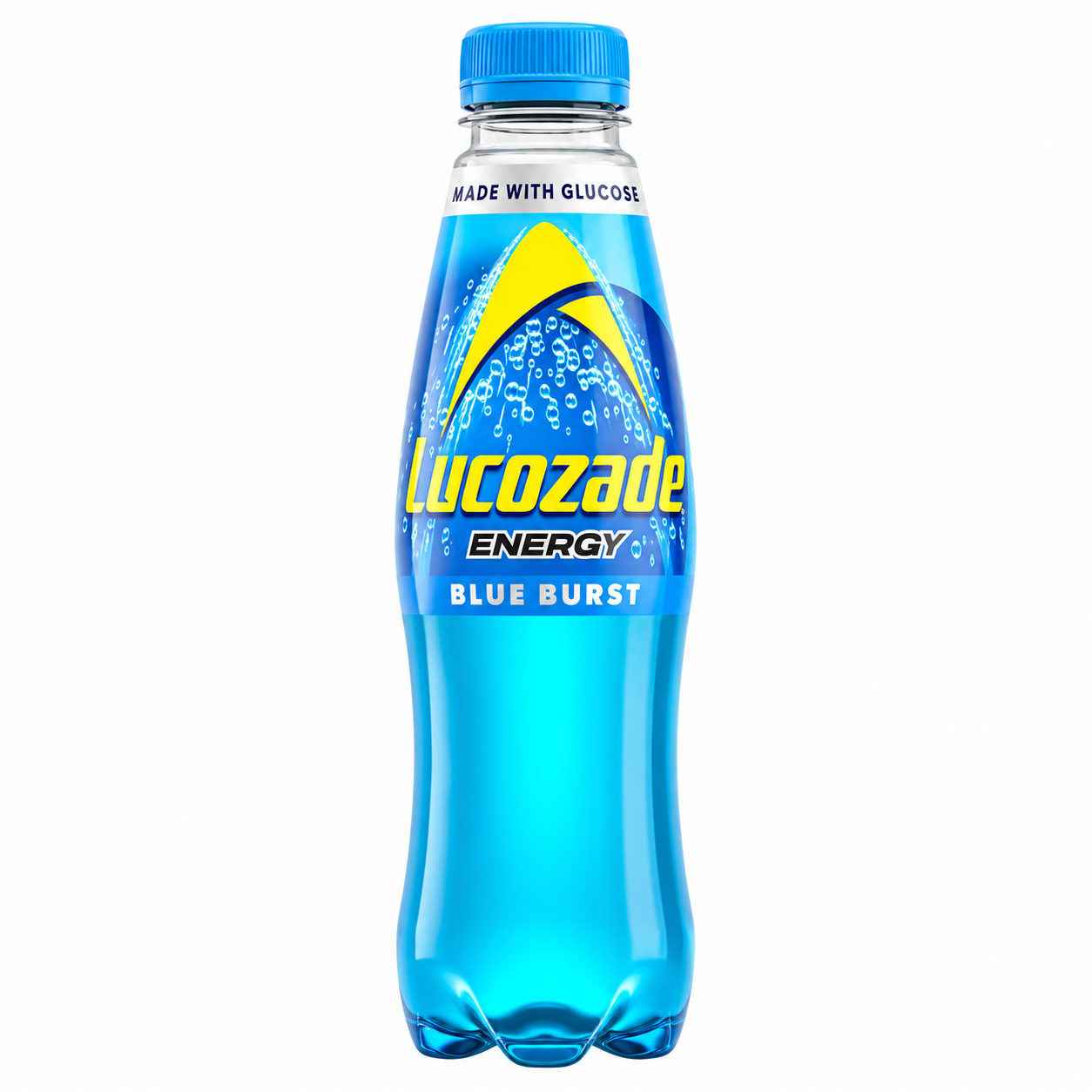 Blue Lucozade Energy drink bottle with blue cap on a pure white background.