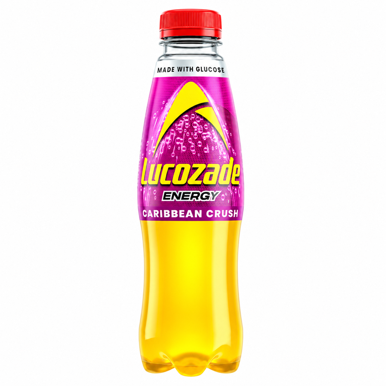 Lucozade Energy Caribbean Crush bottle with pink label and red cap on a pure white background.