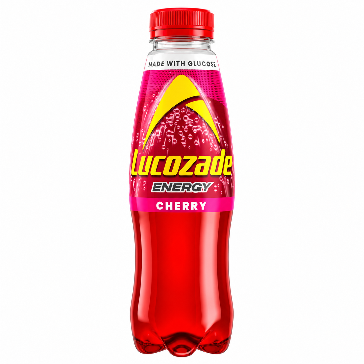Red Lucozade Energy Cherry bottle with a yellow logo on a pure white background.