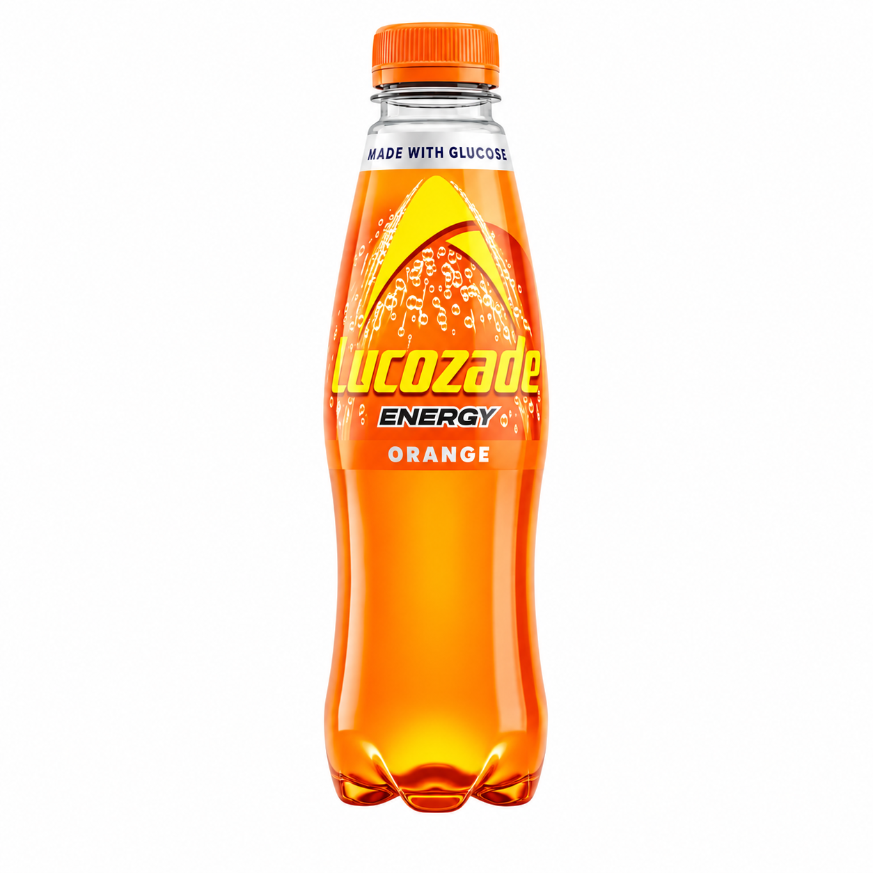 Orange Lucozade Energy drink bottle on a pure white background.