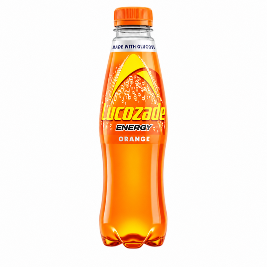 Orange Lucozade Energy drink bottle on a pure white background.