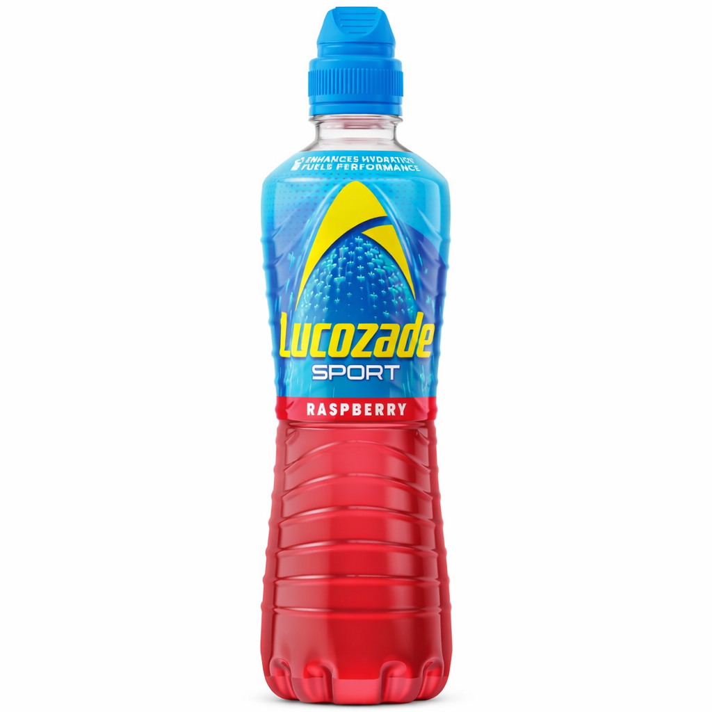 Lucozade Sport Raspberry 500ml bottle shown upright with blue and yellow branded label on a pure white background.