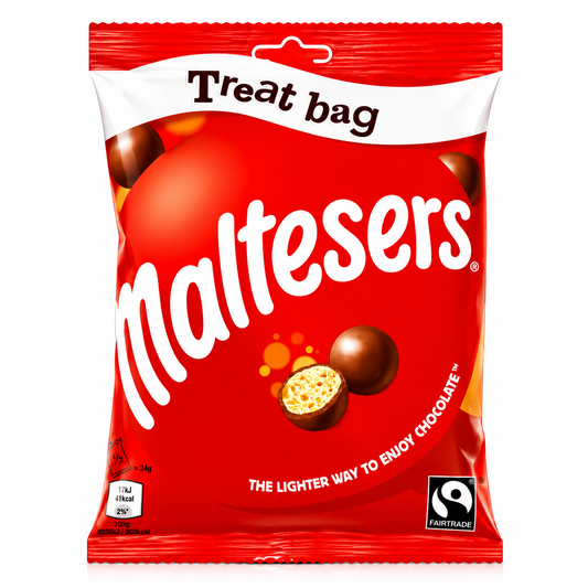 Red Maltesers treat bag with white text on a pure white background.