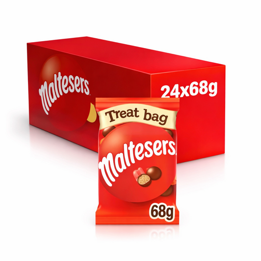 Red box of Maltesers with a single treat bag on a white background.